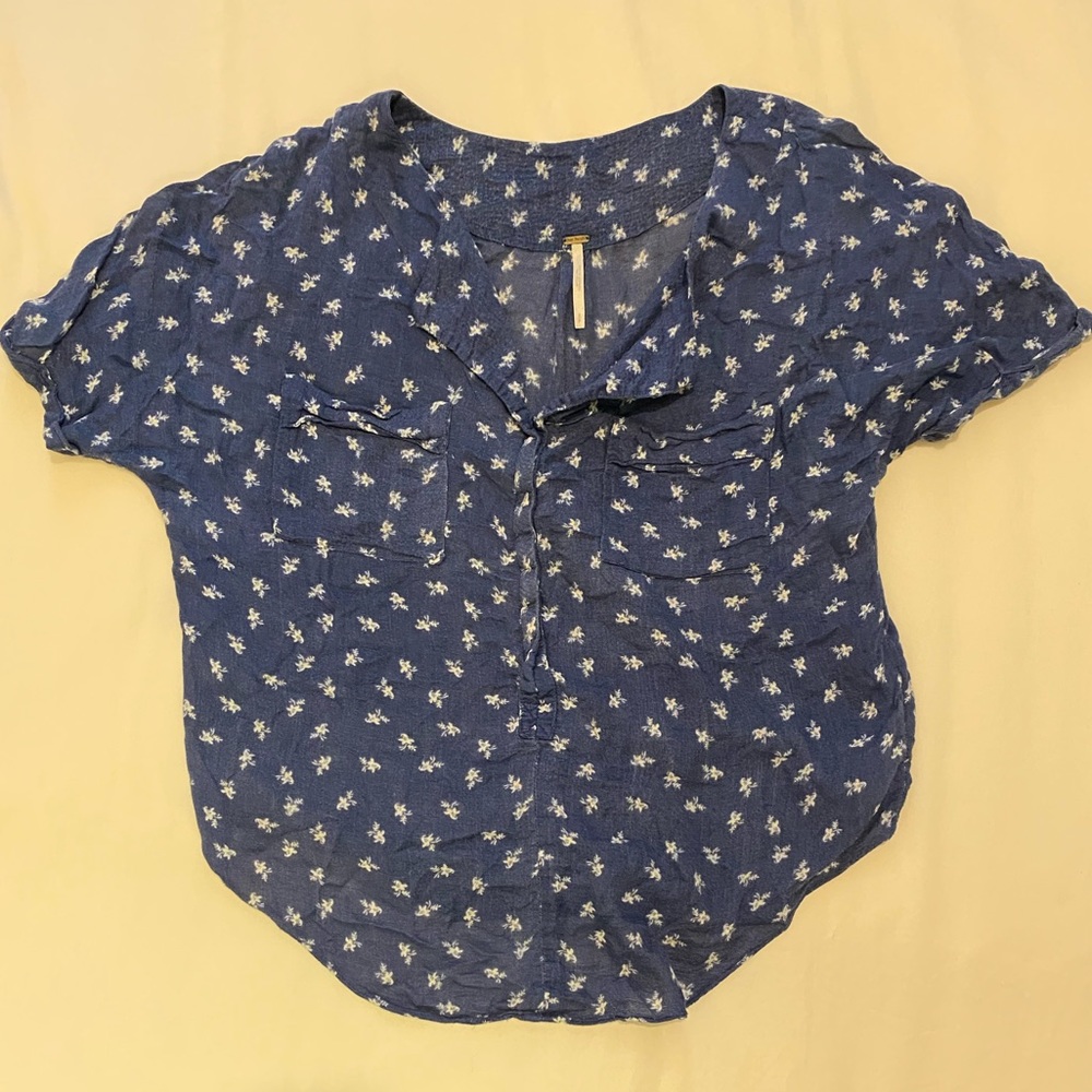 Free People Navy Blue Floral Blouse- Size S